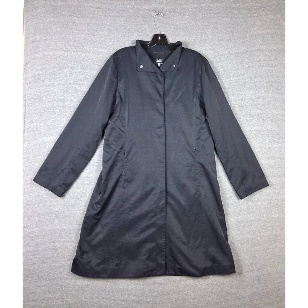 Eileen Fisher Coat M Black Nylon Fleece Lined Long Capsule Italian‎ Quiet Luxury